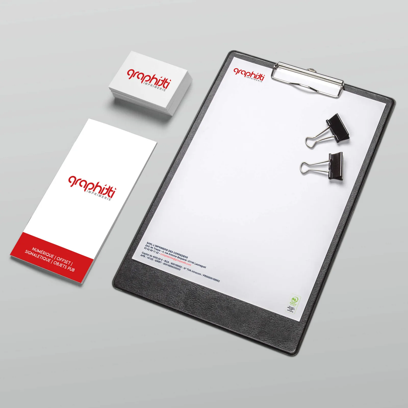 Cartes de visite et porte-bloc personnalisés imprimés par Graphitti & Tarréga à Toulouse